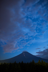Mt. Fuji at Dusk in Summer with the Flashlights of Climbers