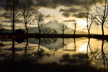 Mt. Fuji and the Sunrise Reflected in a Pond