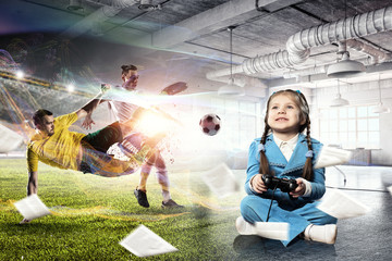 Obraz na płótnie Canvas Girl playing video game. Mixed media