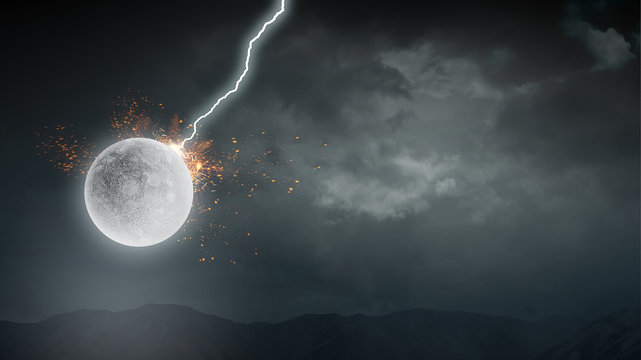 Lightning striking moon planet