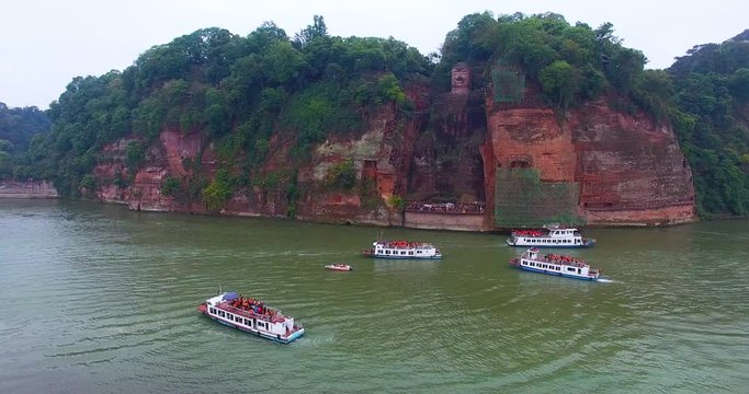 Giant Buddha, LeShan China, aerial drone view, 4k