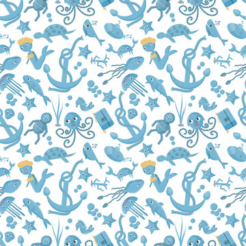 seamless pattern flat_6_illustration on the theme of marine life, underwater life, white background