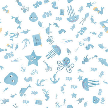 seamless pattern flat_9_illustration on the theme of marine life, underwater life, white background