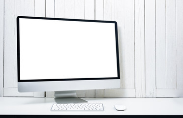 workplace background with Blank white screen modern desktop computer.