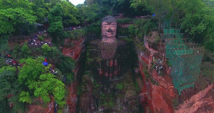 Aerial view of Giant Buddha Leshan China, 4k
