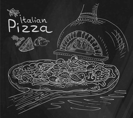 Beautiful illustration of Italian Pizza on the Cutting Board in the oven on the Chalkboard background - 202426625