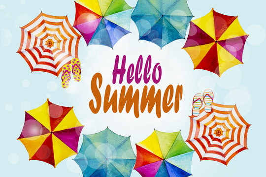 Hello summer watercolor painting colorful banner design.