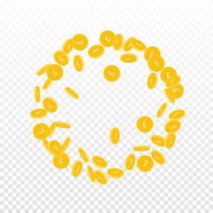 British pound coins falling. Scattered small GBP coins on transparent background. Fabulous round frame vector illustration. Jackpot or success concept.