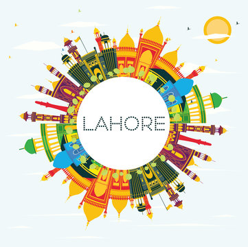 Lahore Skyline with Color Landmarks, Blue Sky and Copy Space.