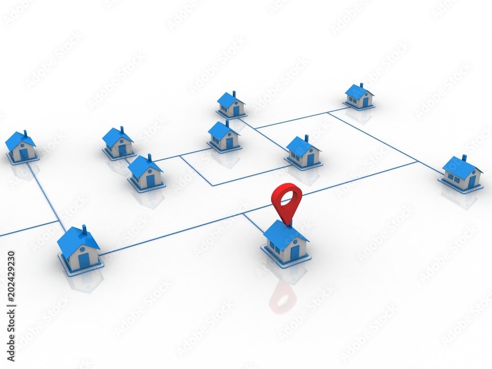 Poster 3d illustration search for property.a map with large red gps pointer containing