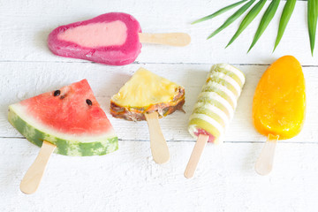 Abstract ice cream on white planks summer vacation background