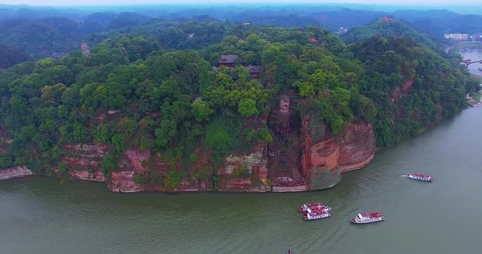 Giant Buddha, LeShan China, aerial drone view, 4k