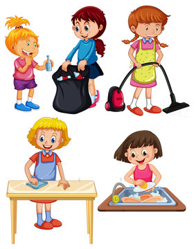 Children Doing Housework On White Background