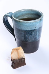 used tea bag with tea cup