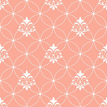 Wallpaper in the style of Baroque. A seamless vector background. White and pink floral ornament. Graphic pattern for fabric, wallpaper, packaging. Ornate Damask flower ornament