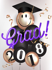 Graduation party 2018 banner with air balloons and serpentine. Vector illustration