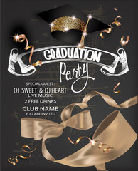 Graduation party 2018 banner with gold curly silk ribbon, serpentine, chalk letterings and graduation cap. Vector illustration