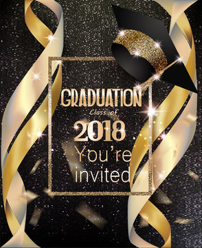 Graduation party invitation card with golden ribbons and background with circle pattern. Vector illustration