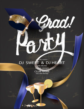 Graduation party with chalk lettering and grad deco objects. Vector illustration
