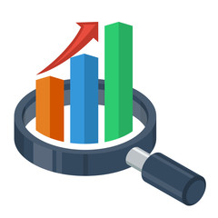 logo icons for business marketing and sales, business consulting services. Illustrated with magnifying glass, bar chart, and arrow graph increases.