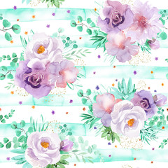 Watercolor seamless floral background in light purple and mint green colors