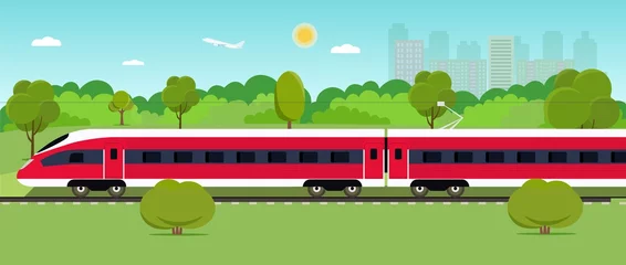 Poster Train on railway with forest and city. Vector flat style illustration © lyudinka