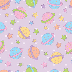Colorful pastel planet star in purple dots background. A playful, modern, and flexible pattern for brand who has cute and fun style. Repeated pattern. Happy, bright, and magical mood.