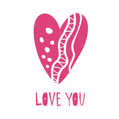 Hand drawn heart with lettering love you 