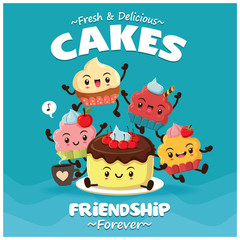 Vintage food poster design with vector cakes, cupcakes characters.
