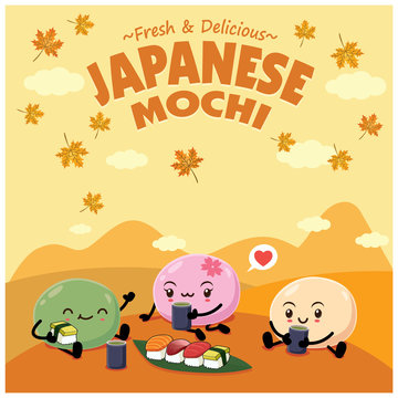 Vintage Japanese food poster design with vector Mochi, Ebi, Sake, Maguro, Hokkigai sushi characters. 