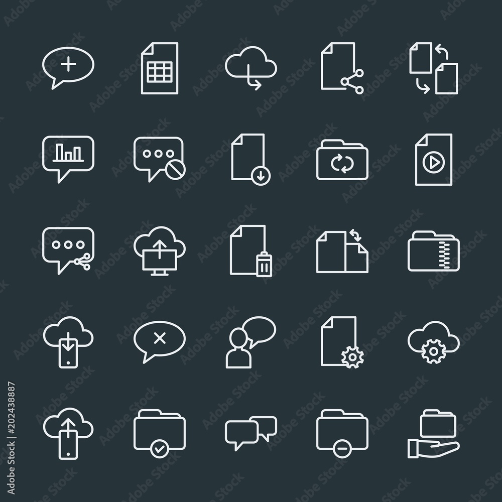 Poster modern simple set of cloud and networking, chat and messenger, folder, files vector outline icons. c