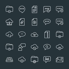 Modern Simple Set of cloud and networking, chat and messenger, folder, files Vector outline Icons. Contains such Icons as business, folder and more on dark background. Fully Editable. Pixel Perfect.