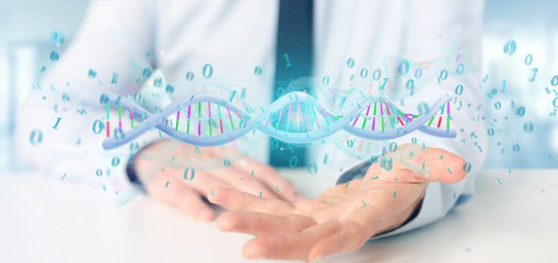 Businessman holding a 3d rendering data coded Dna with binary file around