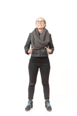 Fototapeta premium A girl in a demi-season clothes In a snob on a white background.