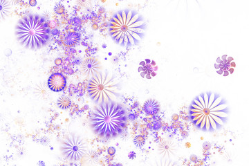 Beautiful violet and gold bouquet. Abstract fantastic fractal flowers and drops. Psychedelic digital art. 3D rendering.