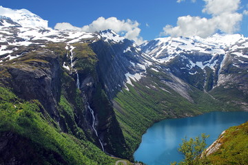 Naklejka na ściany i meble Norway. Glacial lakes with blue clear water