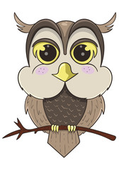 cute owl sitting on branch, cartoon vector illustration