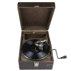 Vintage old gramophone close-up on a white background, isolated