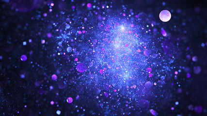 Fototapeta na wymiar Abstract chaotic glittering blue and violet bubbles. Fantasy fractal design. Digital art. 3D rendering.