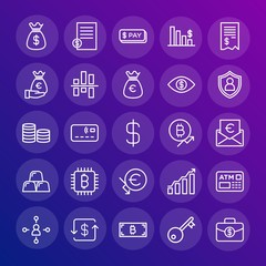 Modern Simple Set of business, money, charts Vector outline Icons. Contains such Icons as  money,  financial,  lock,  banking,  graph and more on gradient background. Fully Editable. Pixel Perfect.