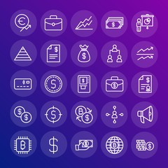Modern Simple Set of business, money, charts Vector outline Icons. Contains such Icons as bitcoin,  briefcase,  money, internet,  profit and more on gradient background. Fully Editable. Pixel Perfect.