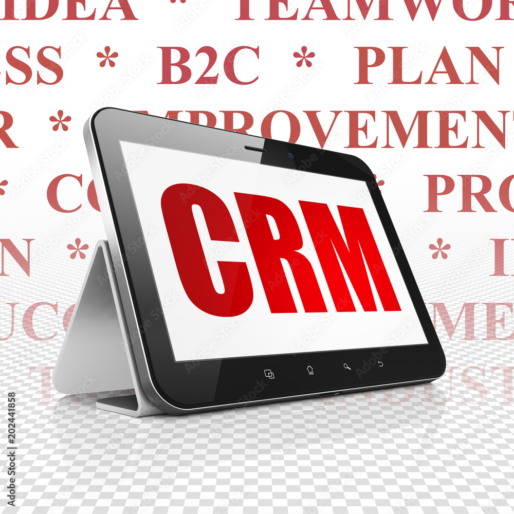 Poster business concept: tablet computer with red text crm on display, tag cloud background, 3d rendering