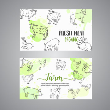 Butcher business card. Hand drawn farm animals banners. Farming illustration. Vector farm elements. Hand sketched goose, rooster, chicken and turkey