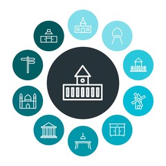 buildings, furniture Infographic Colorful outline Icons Set. Contains such Icons as  way, agriculture,  armchair,  windmill,  decoration,  muslim, mill,  court and more. Fully Editable. Pixel Perfect