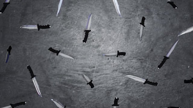 Big knives blade close up isolated on gray background. Animation of the flying knives. The concept of a large number of weapons