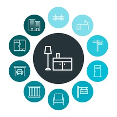 buildings, furniture Infographic Colorful outline Icons Set. Contains such Icons as  auto, desk, road,  way,  criminal, furniture,  sign,  street,  building and more. Fully Editable. Pixel Perfect