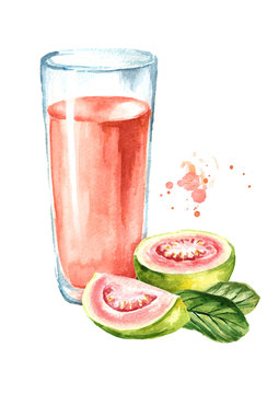 Glass of guava Juice. Watercolor hand drawn illustration, isolated on white background