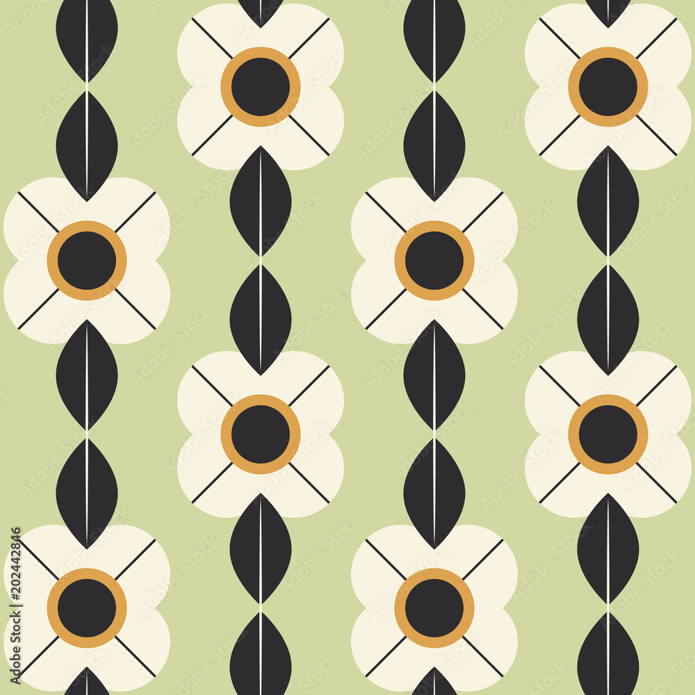 Poster seamless pattern with flowers and leaves in retro scandinavian style