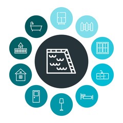 buildings, furniture Infographic Colorful outline Icons Set. Contains such Icons as  single,  background,  faucet,  protection,  architecture,  furniture, water and more. Fully Editable. Pixel Perfect