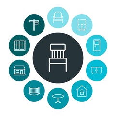 buildings, furniture Infographic Colorful outline Icons Set. Contains such Icons as  lock, chair,  street,  armchair,  seat,  property,  modern, bedroom,  child and more. Fully Editable. Pixel Perfect